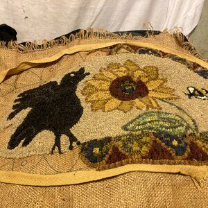 Vintage Hooked Rug Bird Bee Sunflower Black Unfinished Burlap Oval